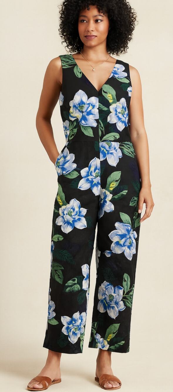 Banana Republic Womens Floral Linen Blend Jumpsuit V Neck Sleeveless Size 10 NWT
